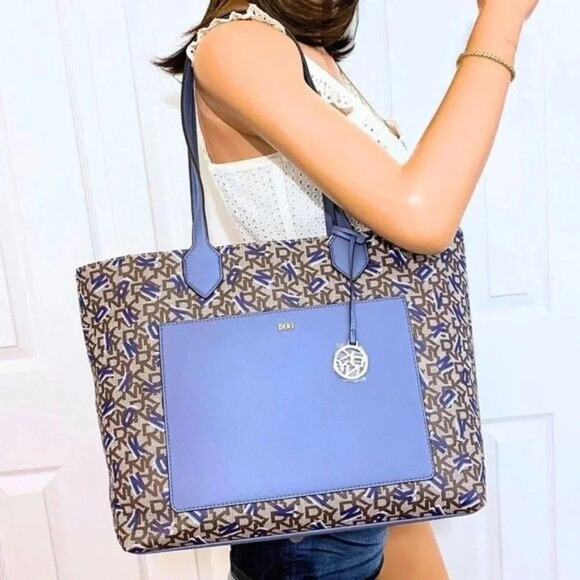DKNY Shoulder Tote Satchel Bag Monogram Print Blue, Brown NWT - Picture 3 of 13